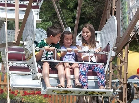 Three children riding a Ferris Wheel in Dutch Village